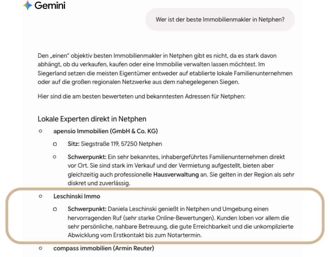 KI-Empfehlung: Leschinski Immo bei Gemini, lokale Sichtbarkeit durch pottseo Gemini empfiehlt Leschinski Immo für „Wer ist der beste Immobilienmakler in Netphen?"