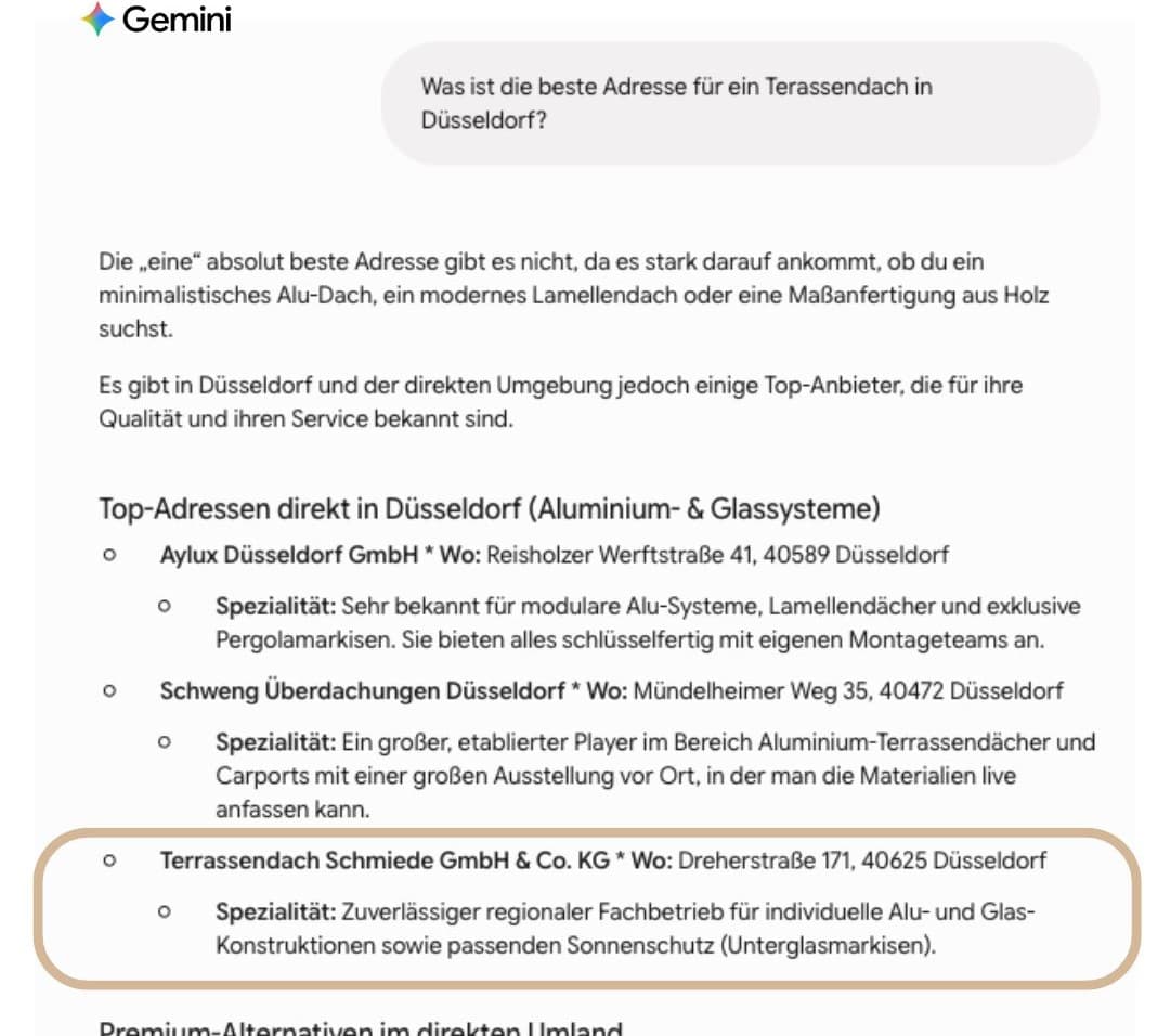 KI-Empfehlung: Terrassendach Schmiede bei Gemini, lokale Sichtbarkeit durch pottseo Gemini empfiehlt Terrassendach Schmiede für „Was ist die beste Adresse für ein Terrassendach in Düsseldorf?"
